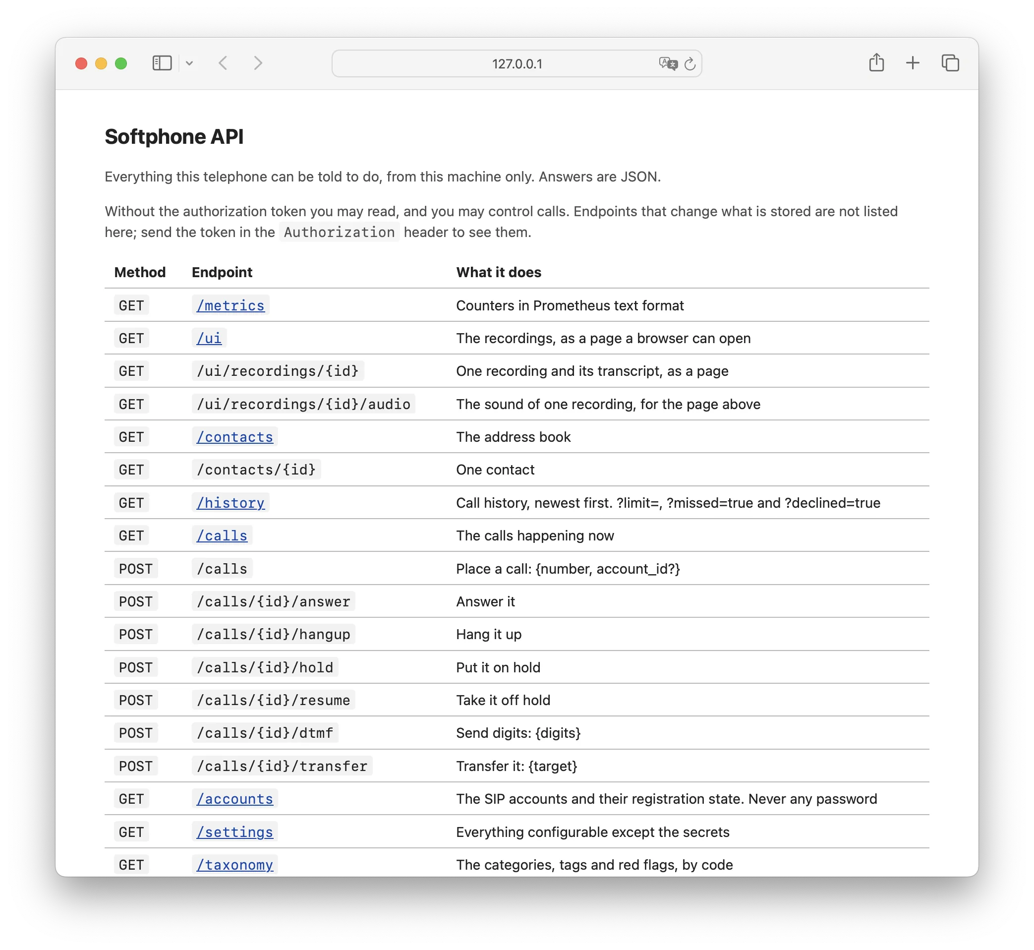 The API index page at 127.0.0.1:8377, listing every endpoint with its method and a short description.