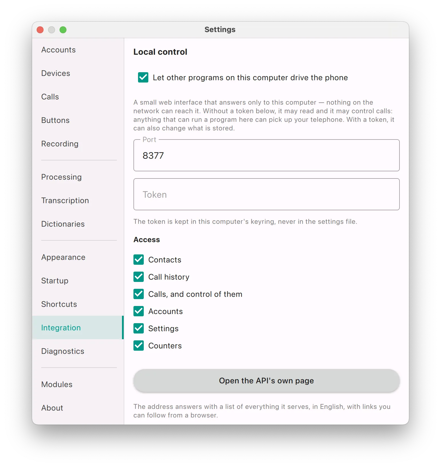 The Local control panel in Settings: a switch that allows other programs to control the softphone, a port field, a token field and six access group checkboxes.