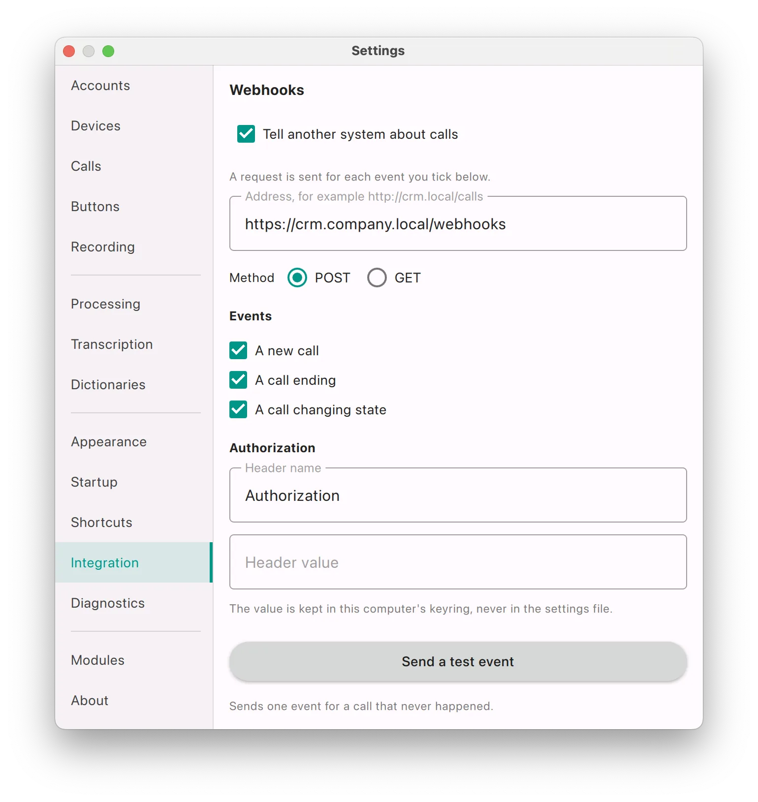 The Webhooks panel in Settings: an endpoint URL field, POST or GET, three event checkboxes, a header name and value, and a button that sends a test event.